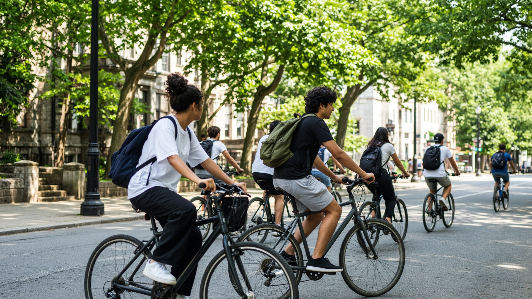 Students cycling to campus