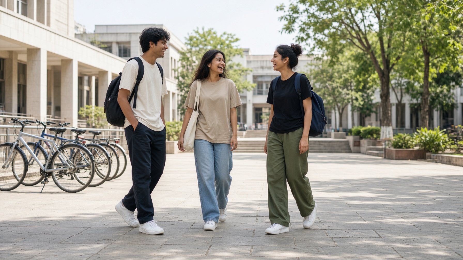 Friends on a sunlit campus plaza