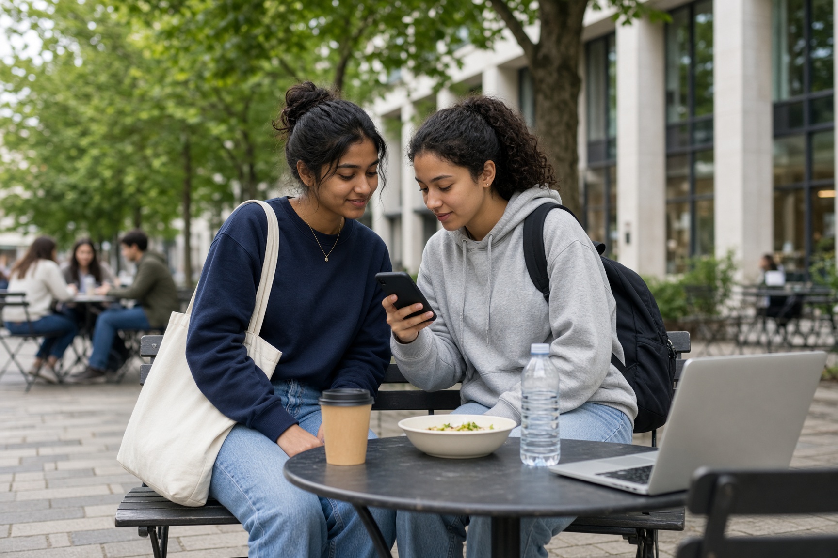 Friends at a cafe looking at a phone
